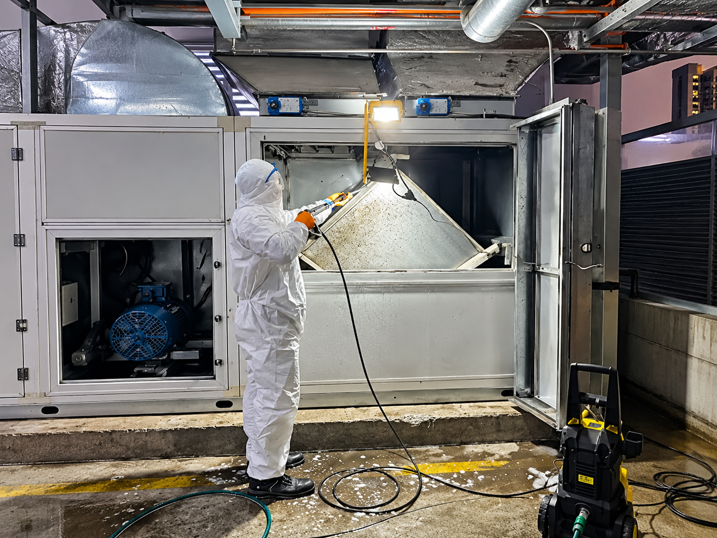 Técnico YOABI realizando mantenimiento de sistema HVAC